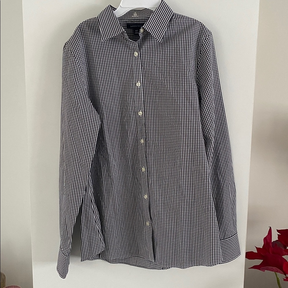 LANDS END Black and White Gingham Shirt 6 tall long